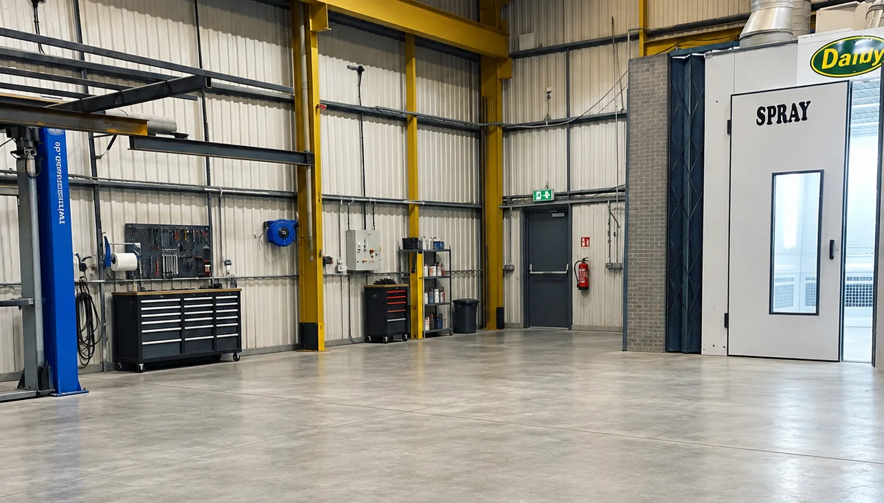 Inside the West Custom Auto workshop, showing the two-post lift, tool chests and spray booth
